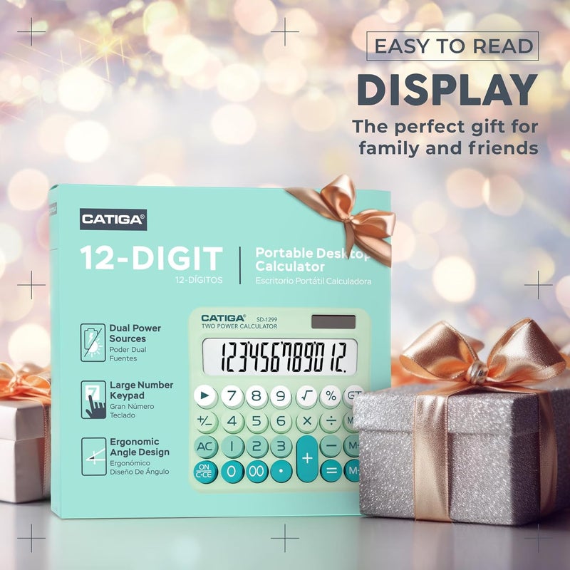 CATIGA Mechanical Switch Calculator with Solar and Battery Dual Power, 12-Digit Large LCD Display, Aesthetic and Cute Desktop Calculator with Big Button, for Home, School and Office Use, SD-1299 - Image 3